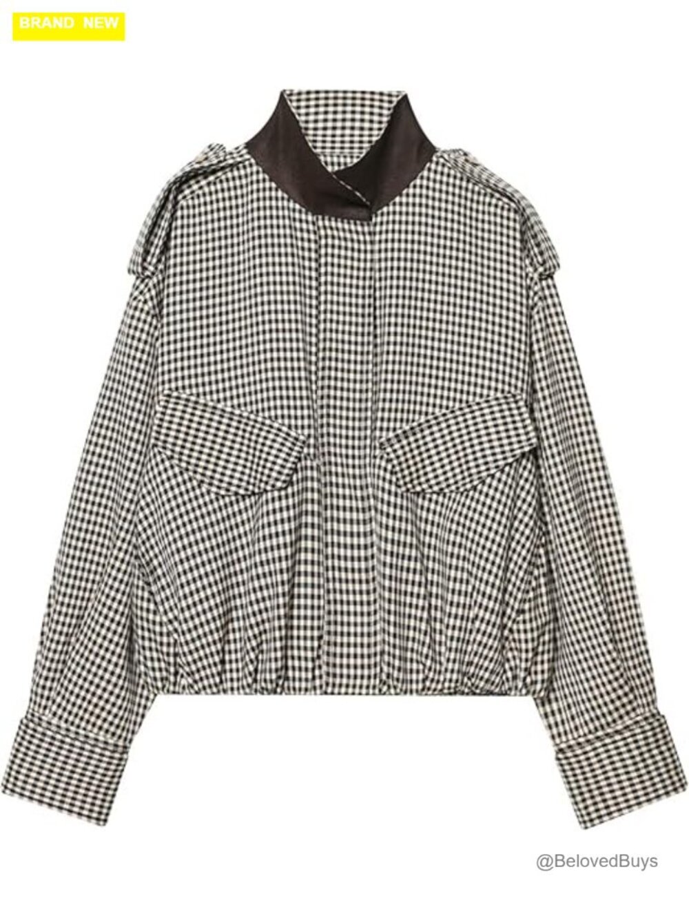 Plaid Bomber Jacket High Neck Color Block Long Sleeve Streetwear Coat with
